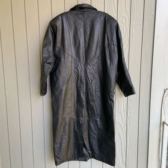 VTG 80s Pelle Black Leather Trench Coat Oversized Boxy Blazer Jacket M - Picture 5 of 9